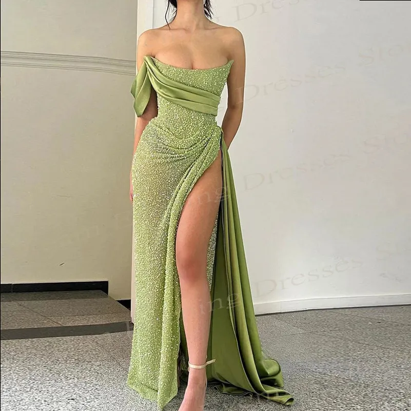 open lace back dress Mint Green One-Shoulder Sequin Evening Gown  Glitter Maxi Dress with Cape Sleeve and Train Plus Size Custom Made / Teal Green