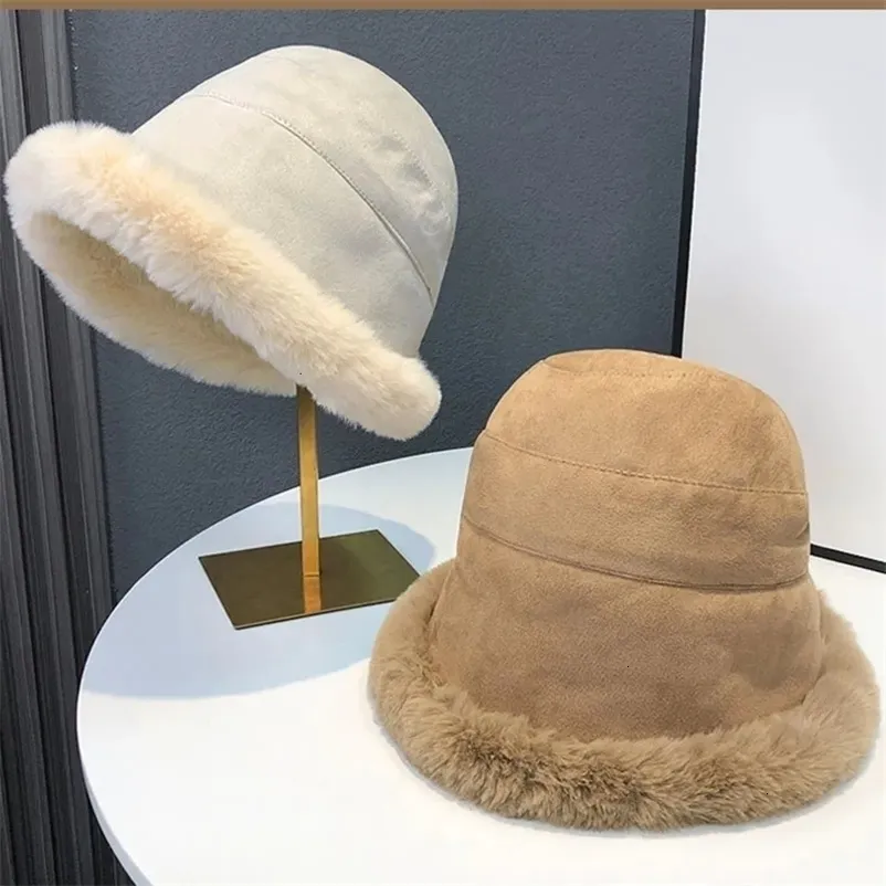 Wide Brim Bucket Hats For Women Winter Warm Plush Fisherman Caps With ...