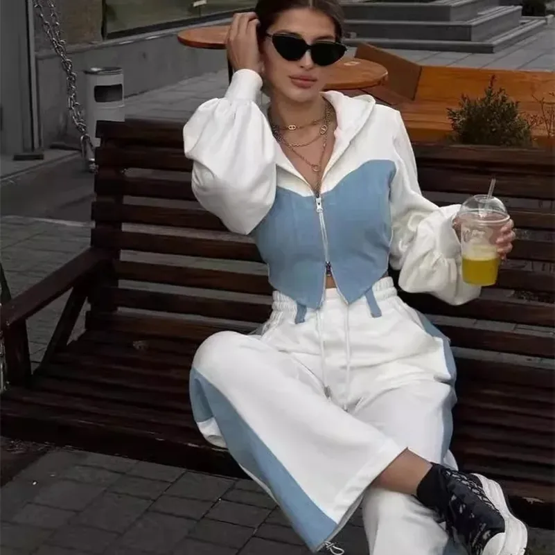 Casual Contrast Hoodies Hosen Sets Frauen Schlanker Reißverschluss