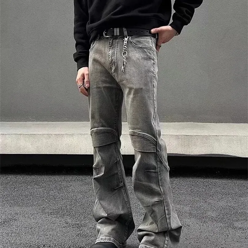 Y2K Streetwear Vintage Grey Pleated Flare Jeans Pants for Men Y2K Streetwear Vintage Grey Pleated Flare Jeans Pants for Men