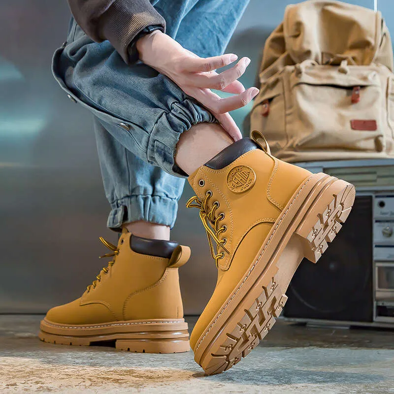 Scarpe da lavoro alte da uomo, stile Martin, autunnali, da esterno, con suola spessa, stivali gialli, scarpe da donna firmate_voghion.com