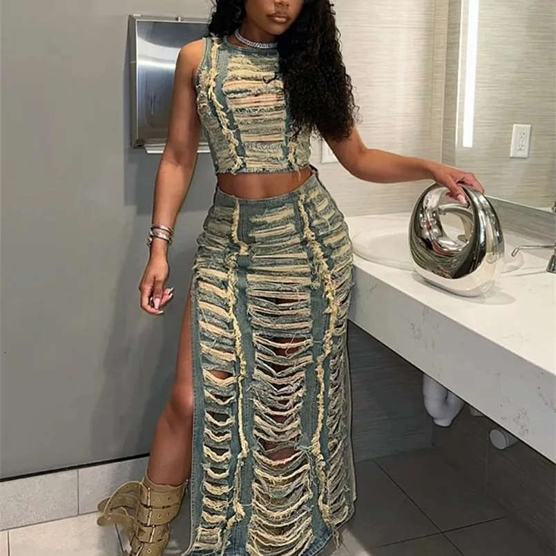 Fancy Ripped Clothes Look Elegant Ripped Hole Denim Two Piece Dress Set Womens Sleeveless Crop ...