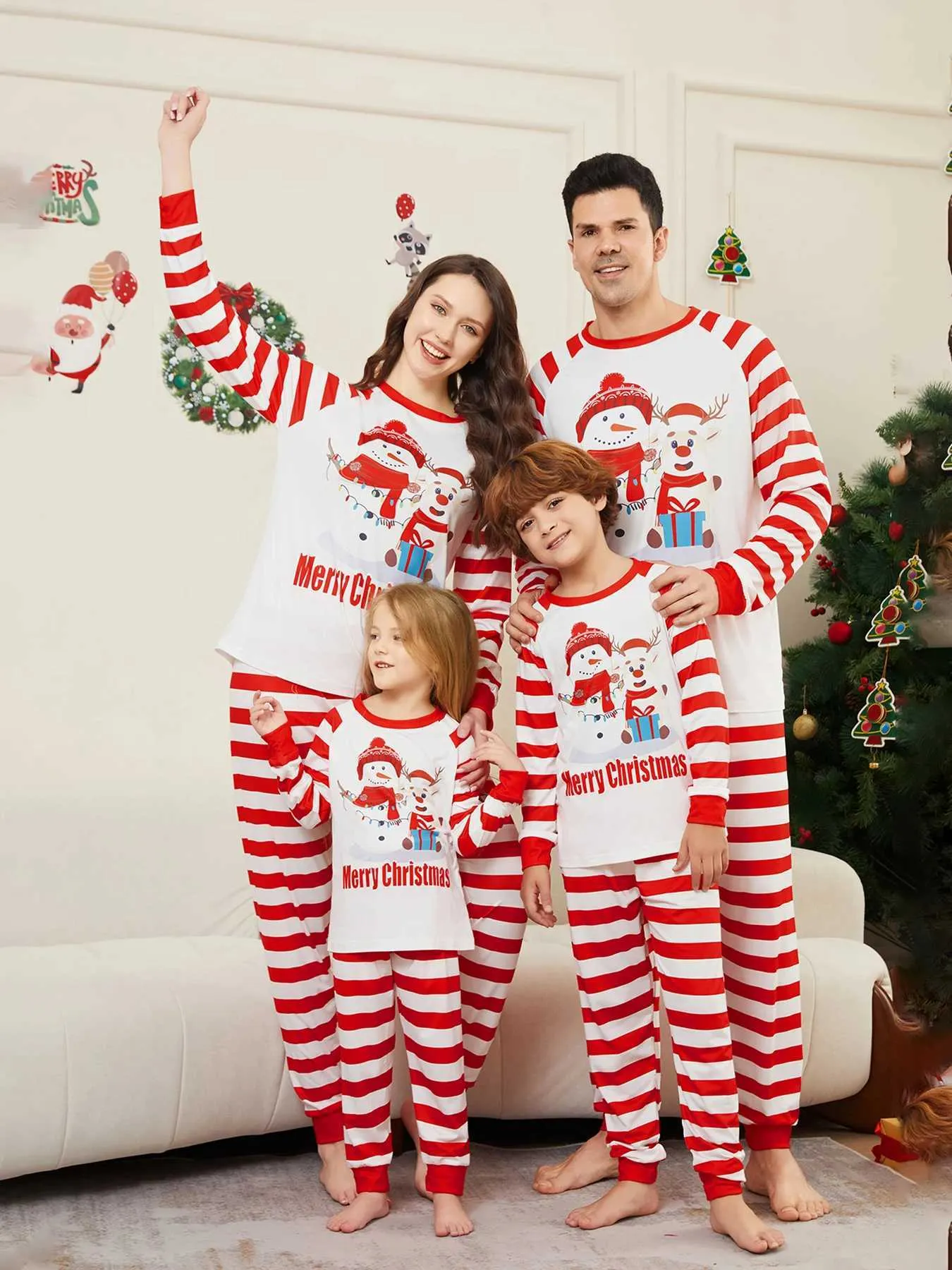 Family Matching Christmas Pajamas - Snowman & Reindeer Print - Red and ...