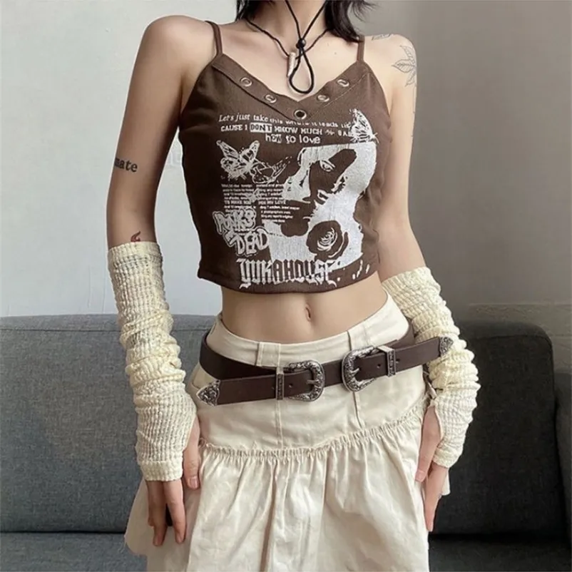 Vintage Y2K Brown Graphic Crop Tank Top Slim Fit Cami | DHgate