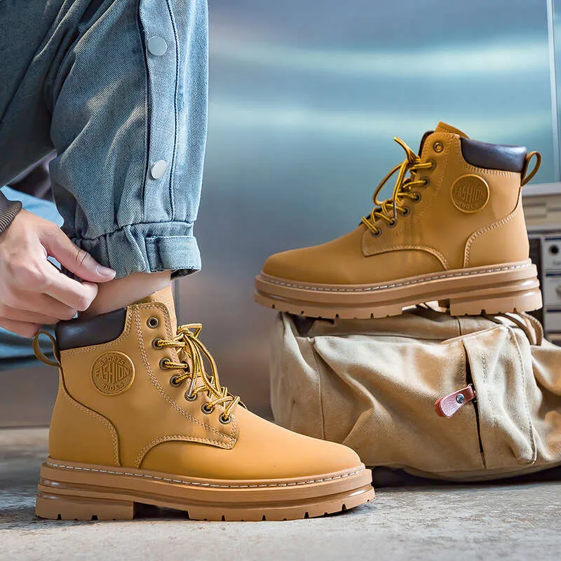 Scarpe da lavoro alte da uomo, stile Martin, autunnali, da esterno, con suola spessa, stivali gialli, scarpe da donna firmate_voghion.com