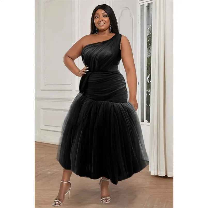 Plus size womens black dress tube dress slanted neck mesh splicing work sleeve length evening midi dress 240824 Plus size womens black dress tube dress slanted neck mesh splicing work sleeve length evening midi dress 240824