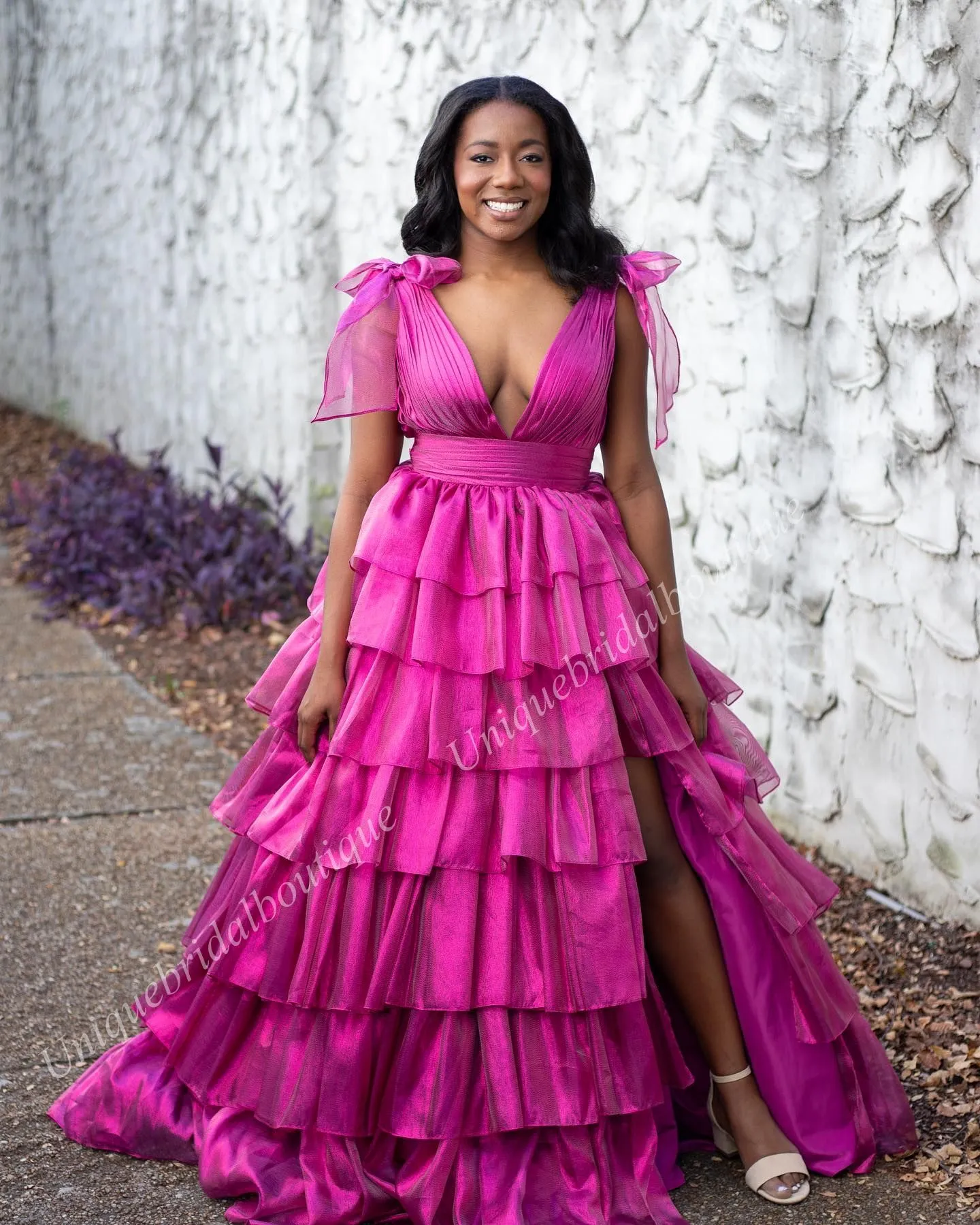 women fuchsia organza dress Fuchsia Organza A-line Strapless Ruffle Tiered Prom Dresses With Slit, MP973