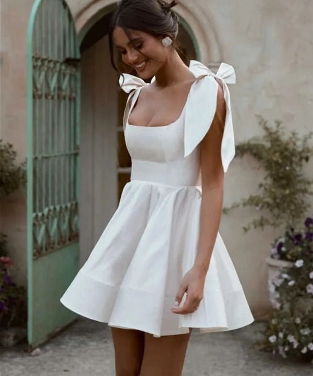 White Satin Ruched Bow Wedding short White dress - Fairy Garden A-line Mini Bridal Gown with Square Neckline - Perfect for Wedding Parties and Civil