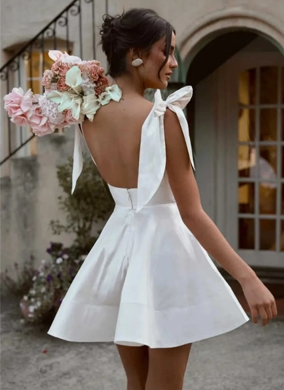 white satin short wedding dress A-line Satin Short Wedding Dress with Beaded Cap Sleeves  loveangeldress