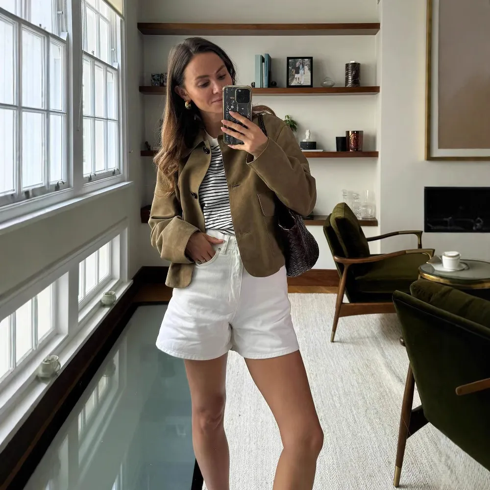 Suede Leather Jacket Womens: Short Style With Lapel Collar