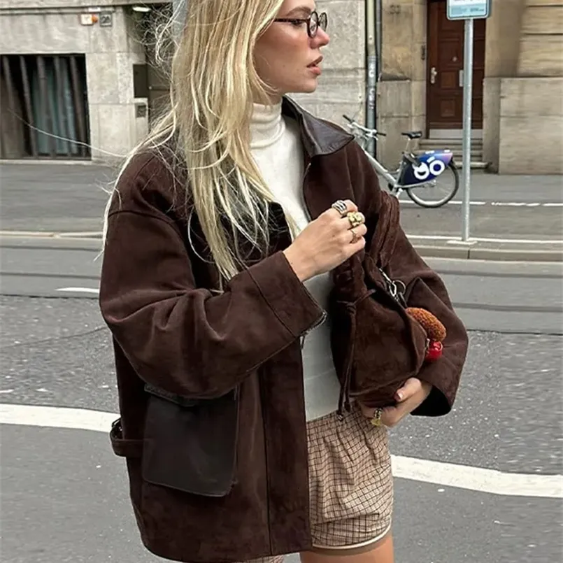 Women Retro Brown Zipper Suede Jacket Elegant Lapel Long Sleeves