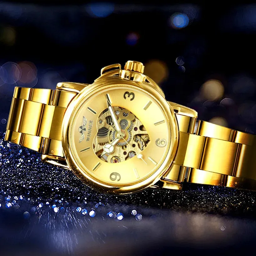 Elegant Gold Skeleton Automatic Mechanical Skeleton Watch For Women ...