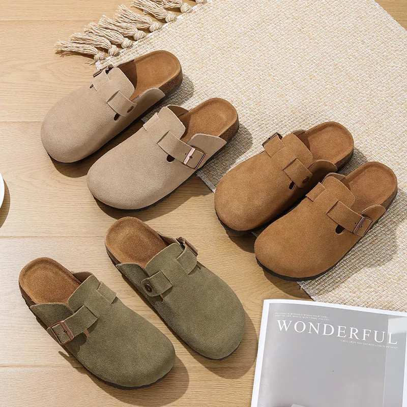 Nouveauté Livraison gratuite Chaussures de créateur Pantoufles d'intérieur et d'extérieur en cuir de vachette de haute qualité, en liège, pour hommes et femmes Noir Gris_voghion.com