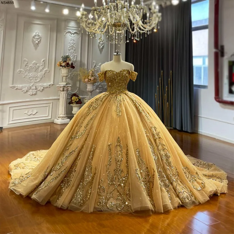 Customized Shiny Golden Wedding Dresses Ball Gown Off The Shoulder