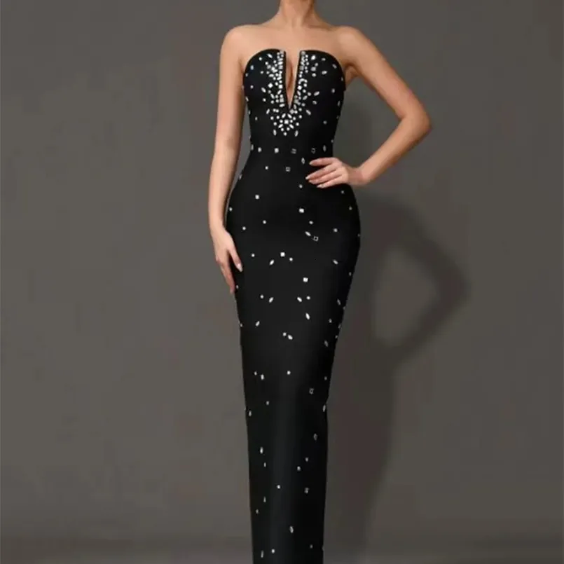 Spring Sexy Women's Nail Bead Design Bandage Long Dress Strapless Sleeveless Bodycon Backless Dresses Club Party Vestidos