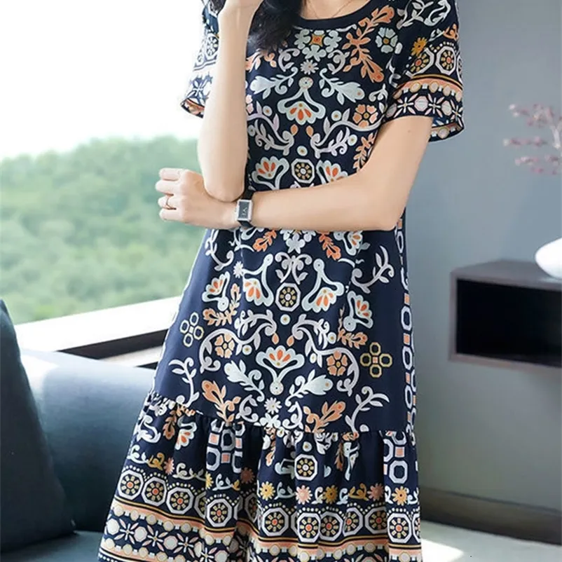 Save Big on Bulk Basic Casual Dresses Summer Round Neck Elegant Fashion  Temperament Vintage A Line Dresses Short Sleeve Printing Leisure Midi Dress  