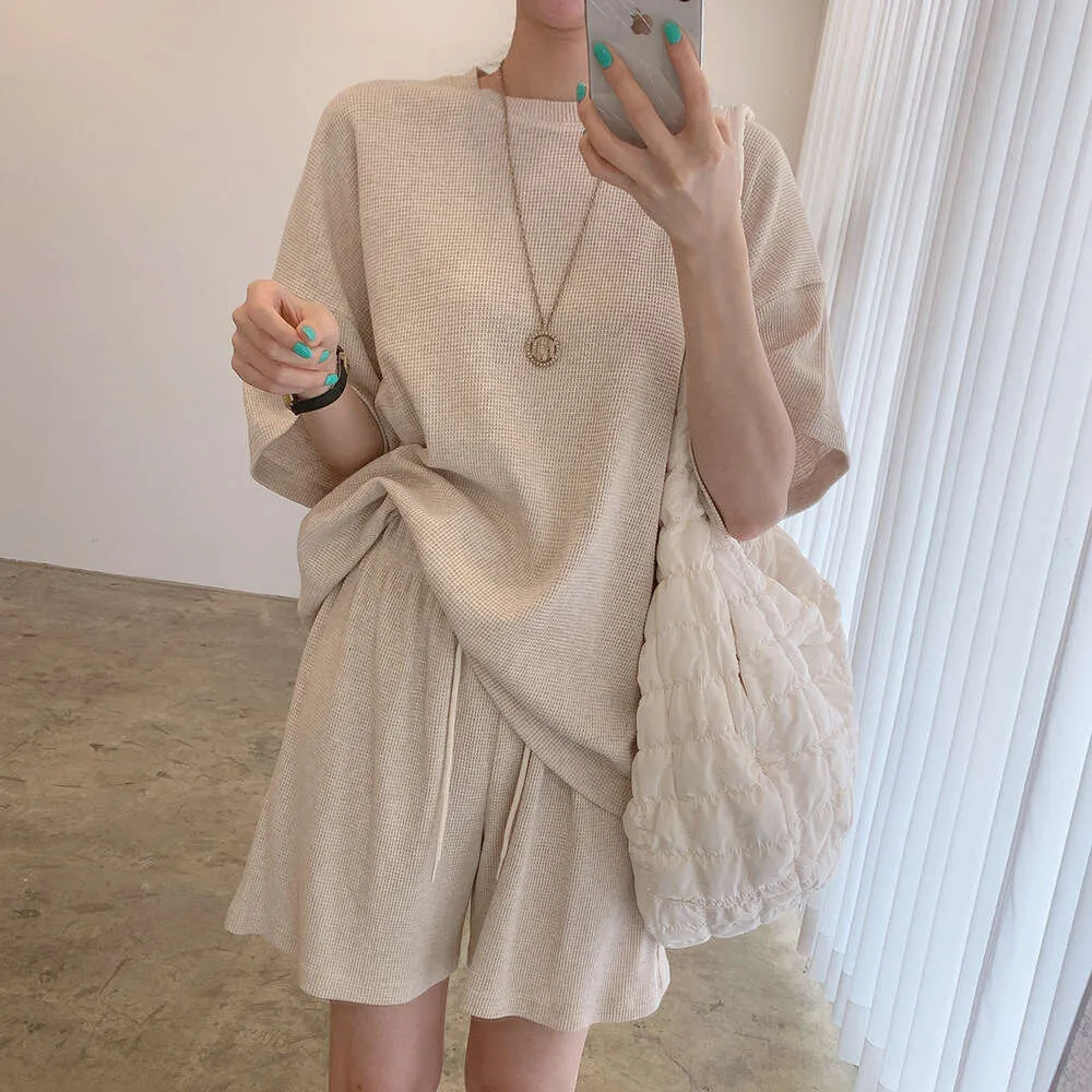 South Korea Chic Summer Simple Round Neck Fashion Sports Suit Women Short Sleeve High Waist Loose Wide Leg Two Piece Set_desvips.com