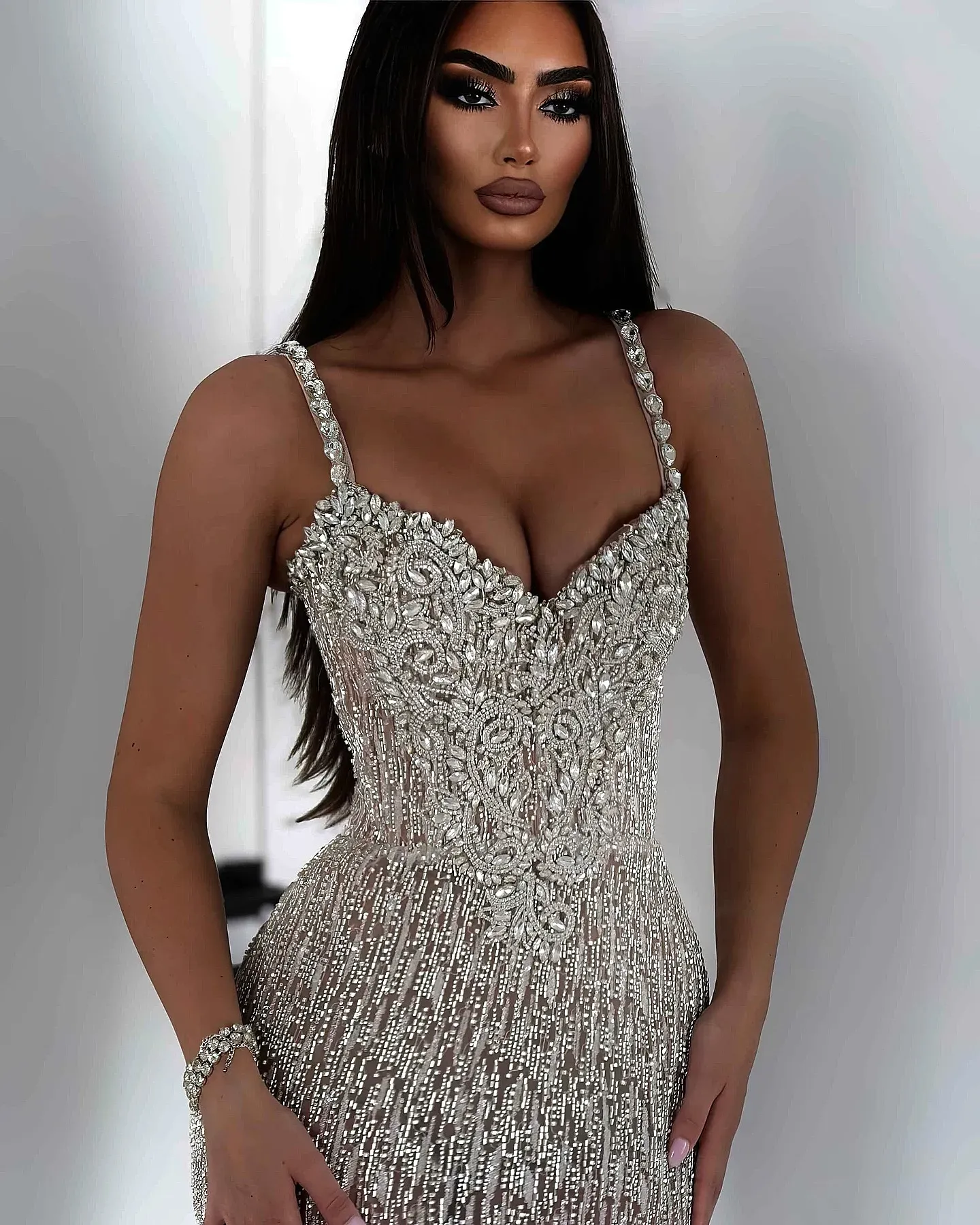 silver spaghetti strap prom dress Deep V Neck Spaghetti Straps Mermaid Backless Lace Silver Prom Dresses with Sequins, Silver Formal Dresses with Train, Evening Dresses