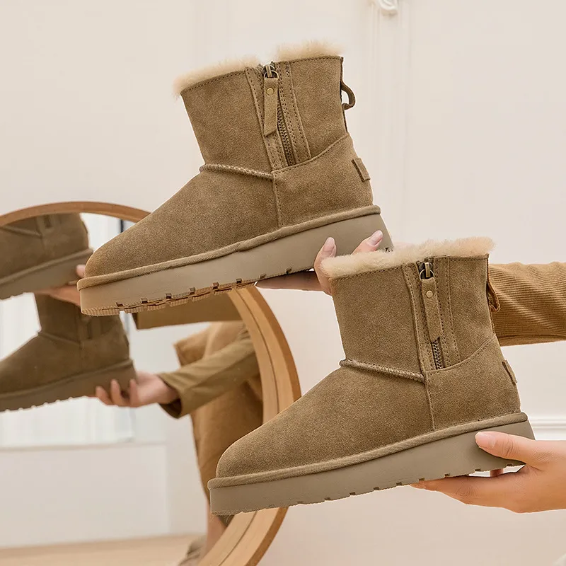 CE Designer Versandkostenfrei Oxhide Preiswerte Winter-Schneestiefel mit Anti-Rutsch-Futter aus dicker Plüschbaumwolle, zartes Gelb_voghion.com