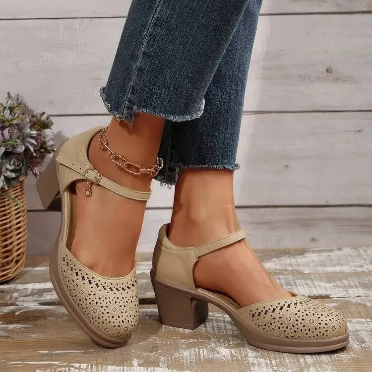 Ankle Strap High Heels For Women 2025 Summer Hollow Out Breathable Woman Comfortable Baotou Chunky Heeled Mary Jane_desvips.com