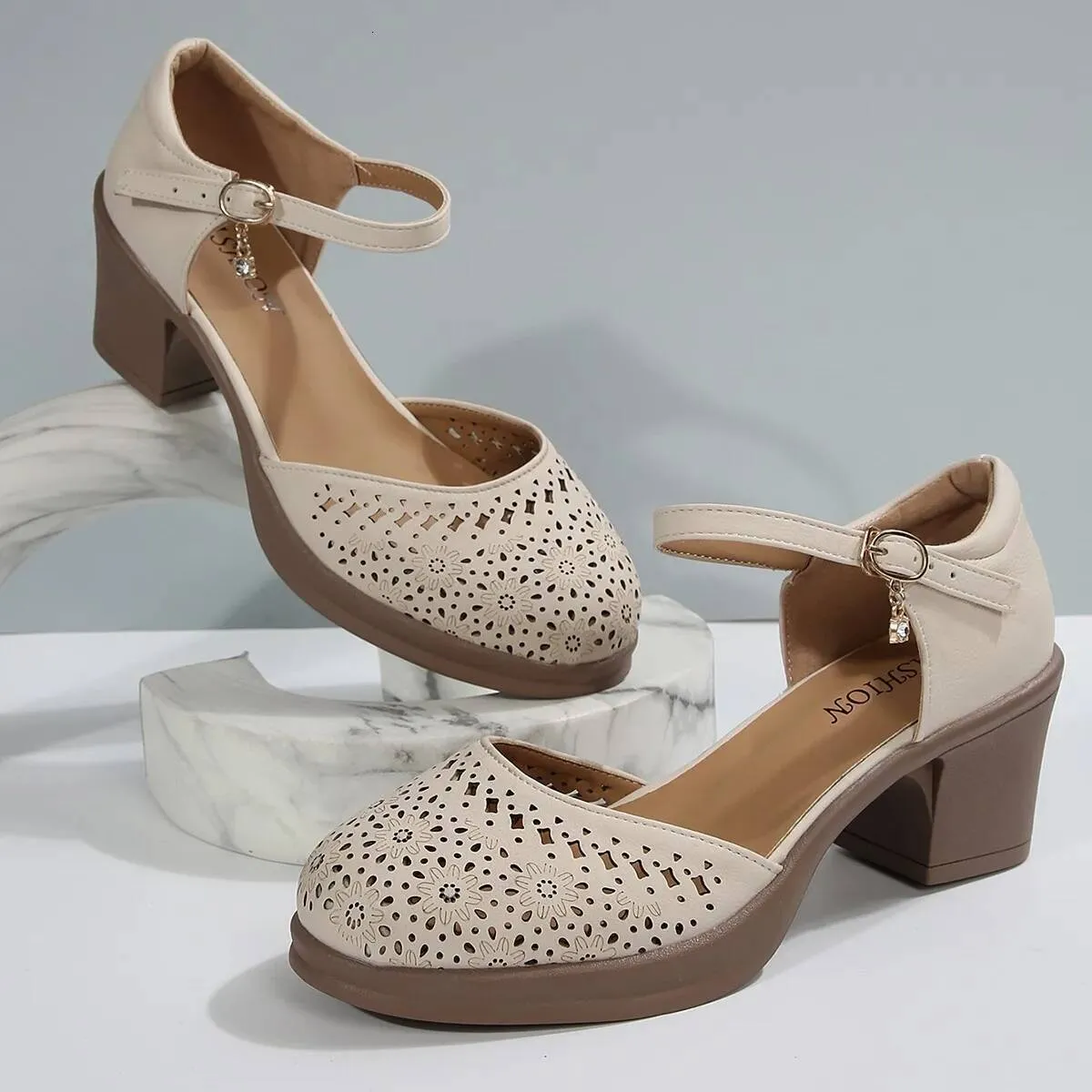 Ankle Strap High Heels For Women 2025 Summer Hollow Out Breathable Woman Comfortable Baotou Chunky Heeled Mary Jane_desvips.com