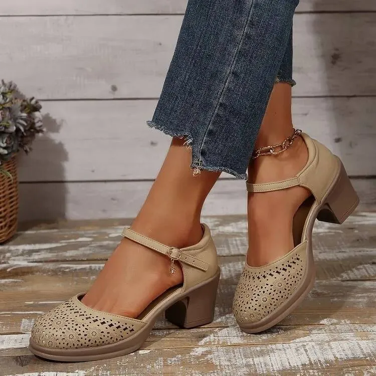 Ankle Strap High Heels For Women 2025 Summer Hollow Out Breathable Woman Comfortable Baotou Chunky Heeled Mary Jane_desvips.com