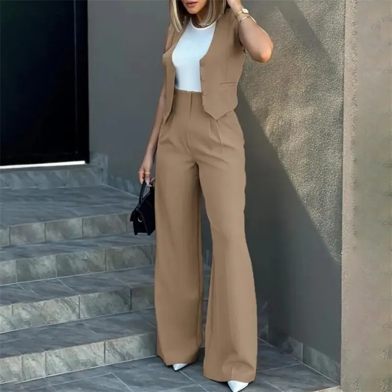 Brand Womens Suit Set Sleeveless Vest And High Waist Wide Leg Pants ...
