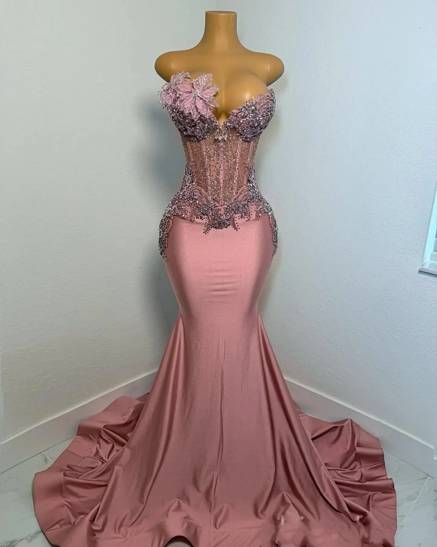 green emerald velvet dress Zapaka Women Blush Pink Prom Dress Mermaid Strapless Pleated Corset Long Party Dress with Slit, Blush Pink / US4 main image 1