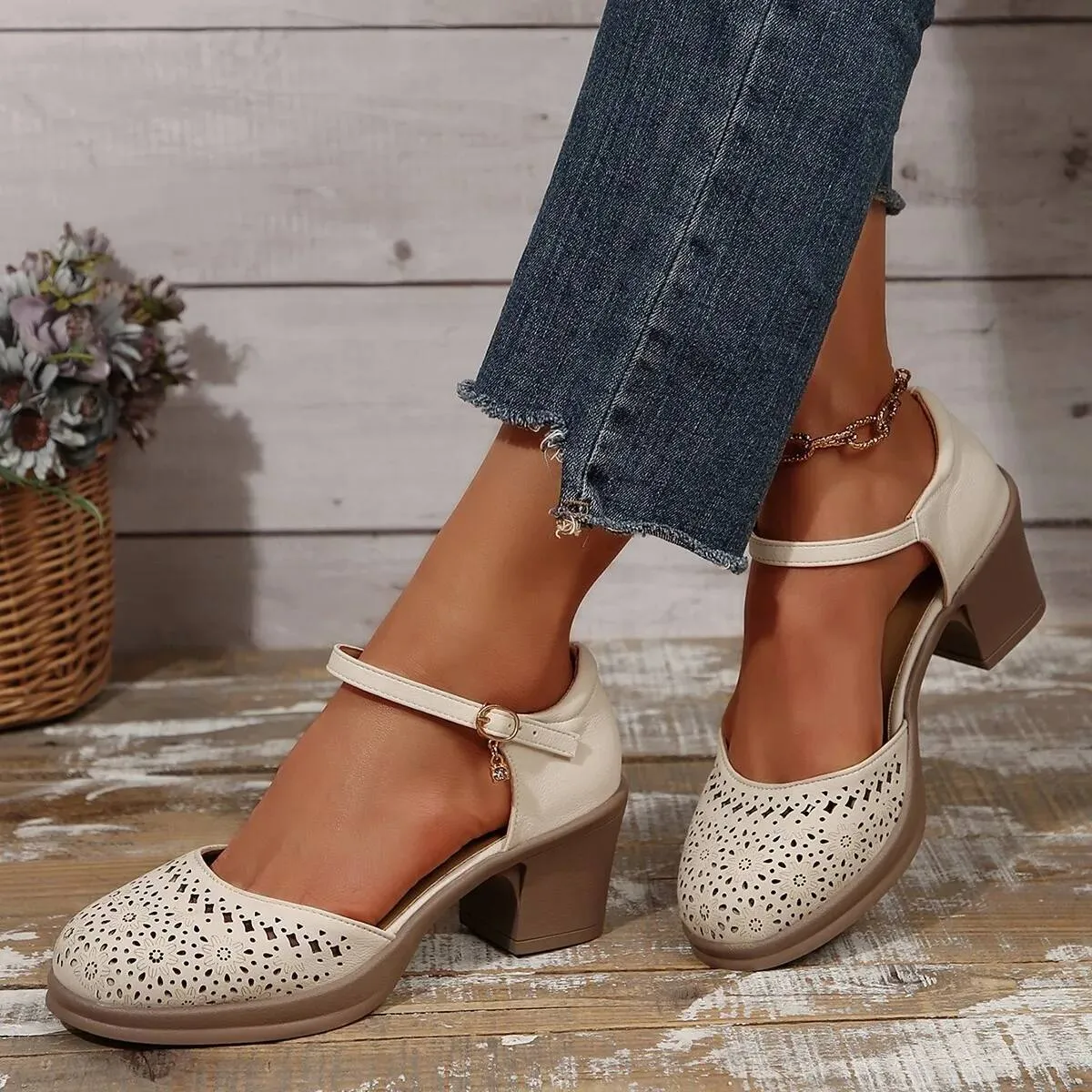 Ankle Strap High Heels For Women 2025 Summer Hollow Out Breathable Woman Comfortable Baotou Chunky Heeled Mary Jane_desvips.com