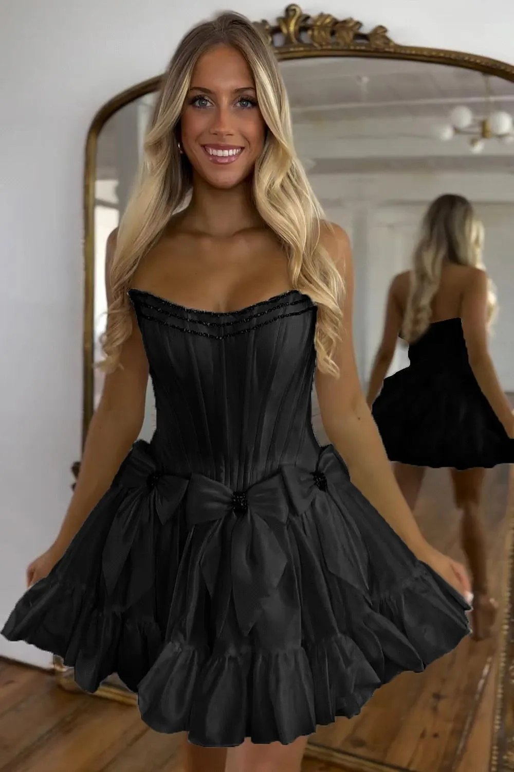 navy homecoming dresses short Black Satin Short Prom Dress, Black Homecoming Dresses With Lace Appli –  shopluu