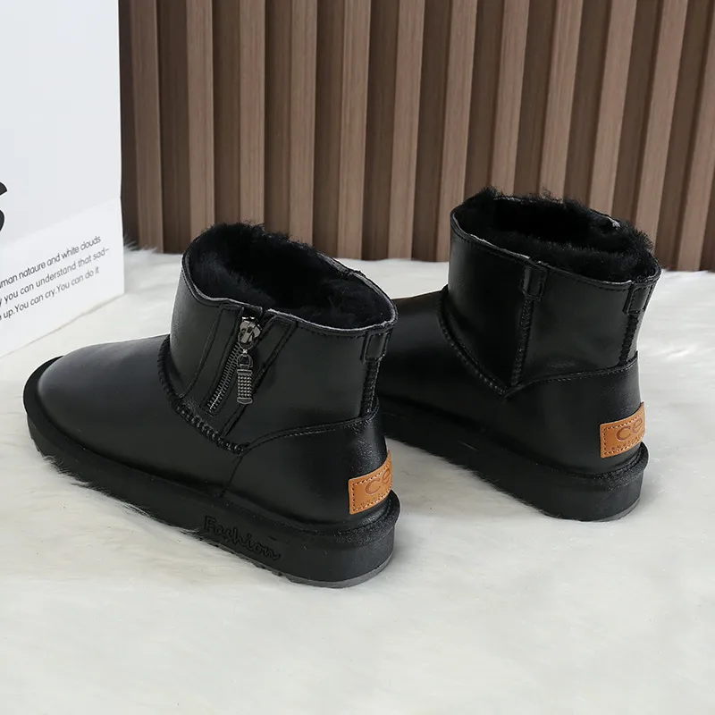 CE Designer Free Shipping Oxhide Affordable Winter Anti Slip Snow Boots With Thick Plush Cotton Shoes Adjustable Black_voghion.com