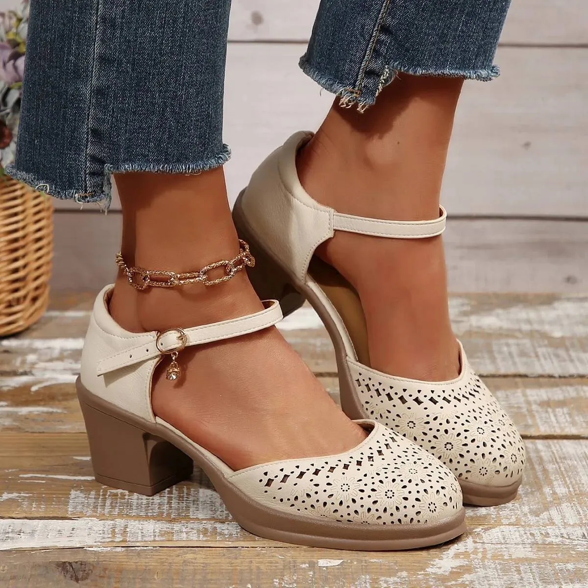 Ankle Strap High Heels For Women 2025 Summer Hollow Out Breathable Woman Comfortable Baotou Chunky Heeled Mary Jane_desvips.com