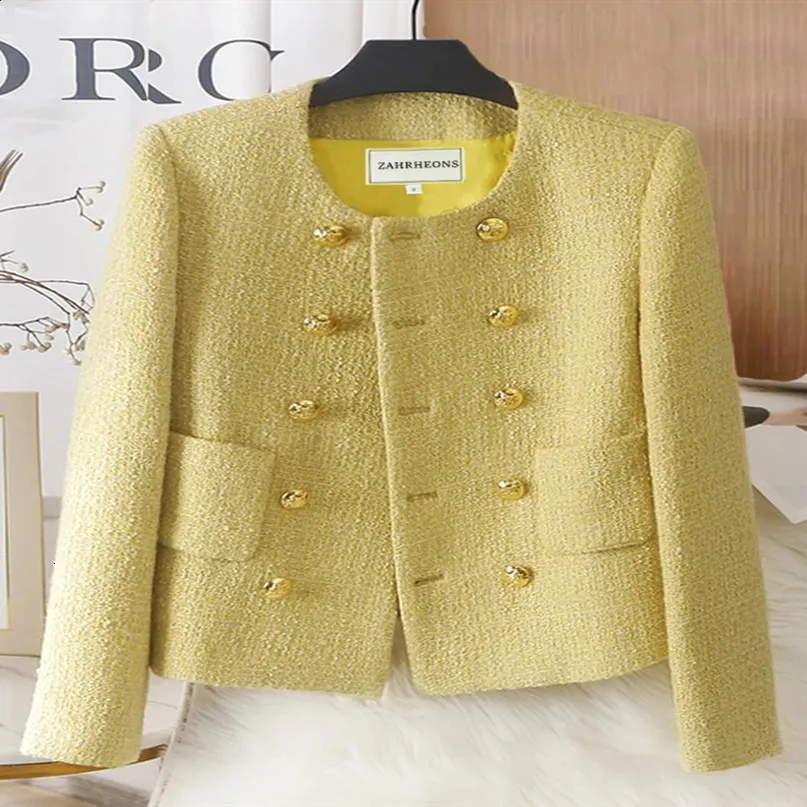 ZAHRHEONS Yellow Tweed Jacket With Gold Buttons – From