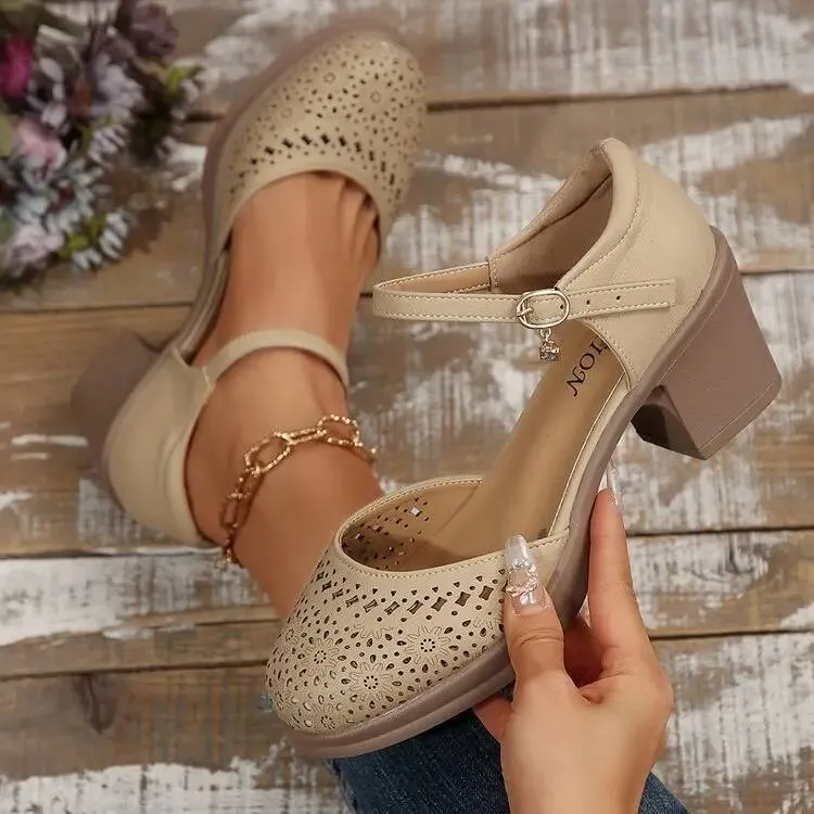 Ankle Strap High Heels For Women 2025 Summer Hollow Out Breathable Woman Comfortable Baotou Chunky Heeled Mary Jane_desvips.com