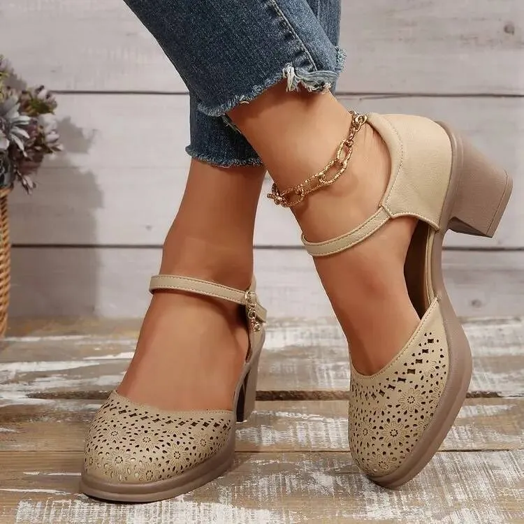 Ankle Strap High Heels For Women 2025 Summer Hollow Out Breathable Woman Comfortable Baotou Chunky Heeled Mary Jane_desvips.com