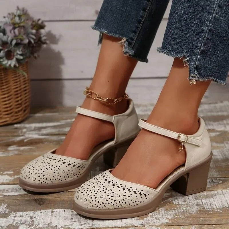 Ankle Strap High Heels For Women 2025 Summer Hollow Out Breathable Woman Comfortable Baotou Chunky Heeled Mary Jane_voghion.com
