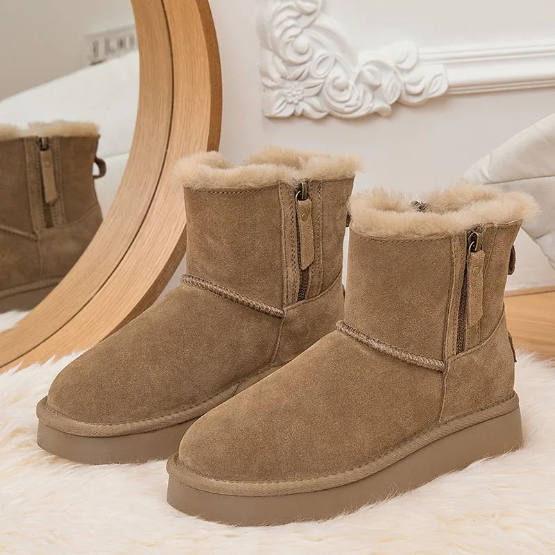 CE Designer Versandkostenfrei Oxhide Preiswerte Winter-Schneestiefel mit Anti-Rutsch-Futter aus dicker Plüschbaumwolle, zartes Gelb_voghion.com