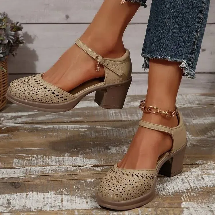 Ankle Strap High Heels For Women 2025 Summer Hollow Out Breathable Woman Comfortable Baotou Chunky Heeled Mary Jane_desvips.com