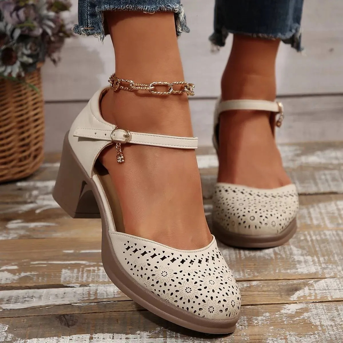 Ankle Strap High Heels For Women 2025 Summer Hollow Out Breathable Woman Comfortable Baotou Chunky Heeled Mary Jane_desvips.com