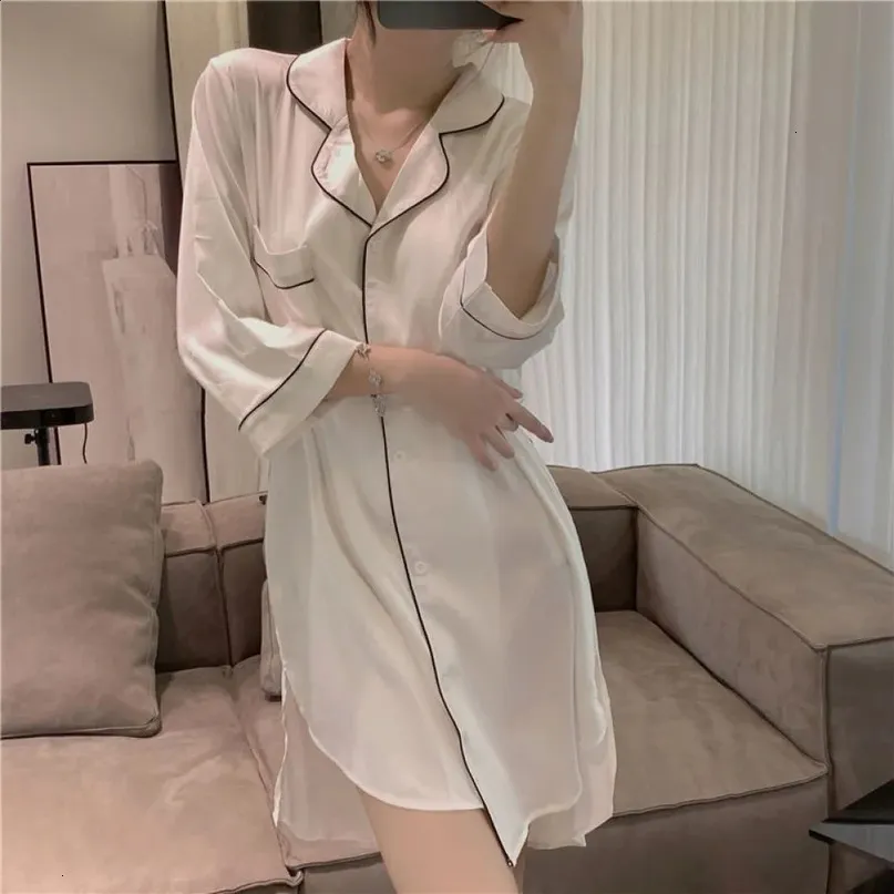 Satin Silk Women's Black Satin nightgown with Button Detail - Solid Color Sleepwear Pajamas, Sexy Homedress, and Nightdress Robe (240802)