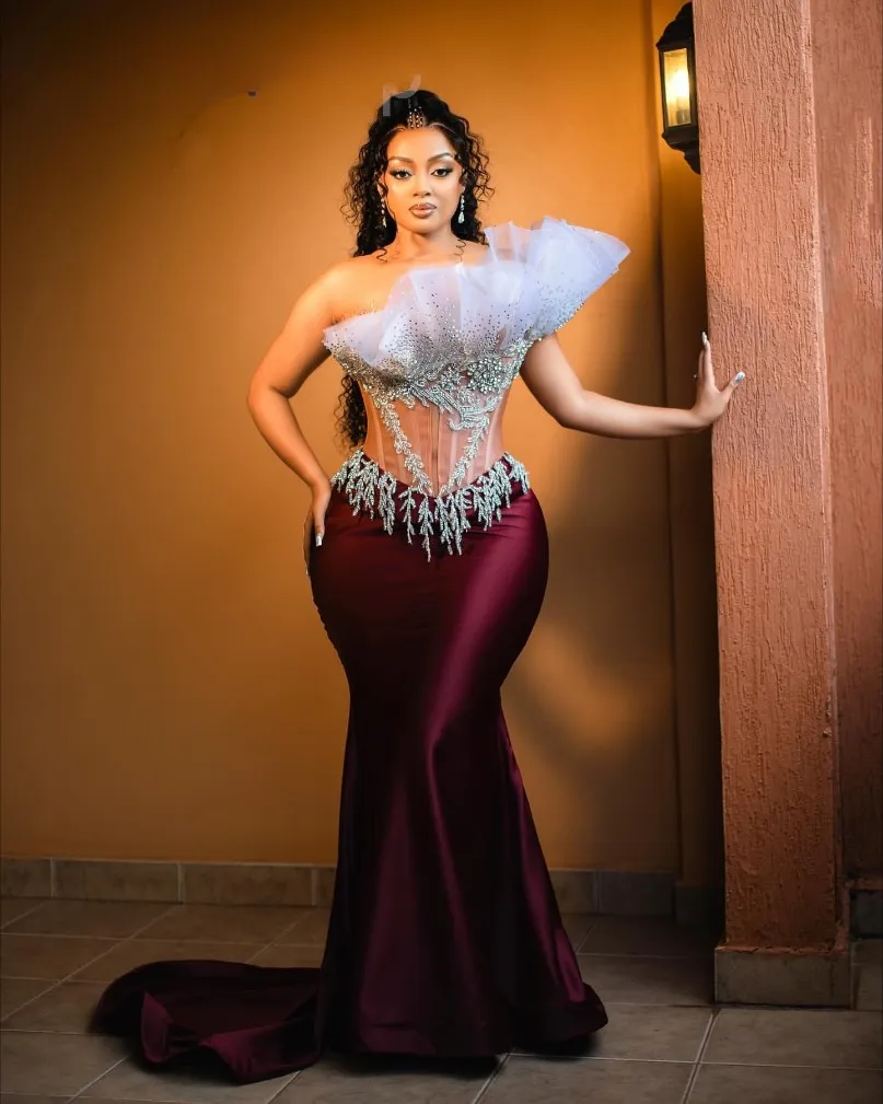 Beaded Crystal Lace Mermaid burgundy Mermaid prom dress for Evening Formal Party, Reception, 50th Birthday, and Engagement - Aso Ebi 2024 Robe de