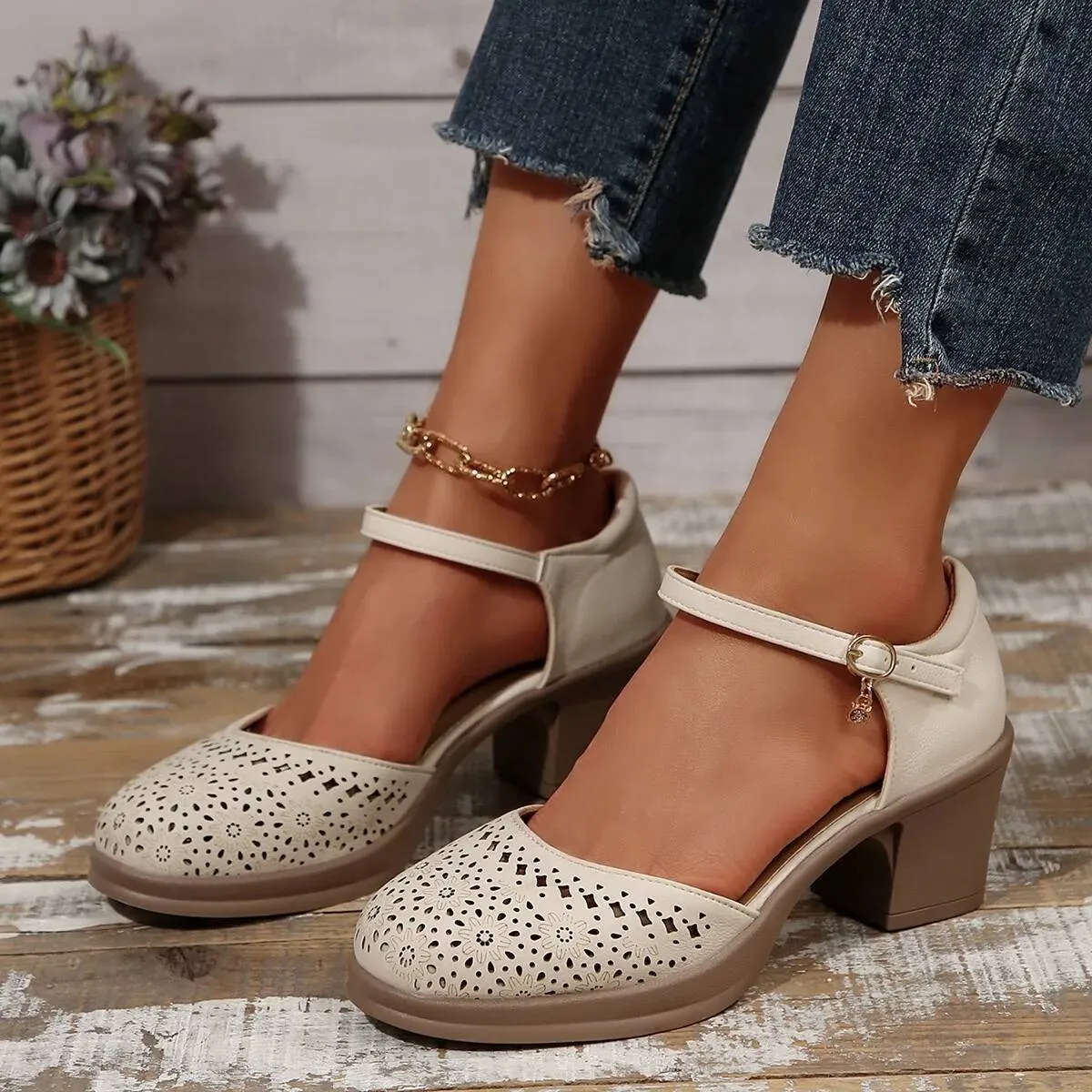 Ankle Strap High Heels For Women 2025 Summer Hollow Out Breathable Woman Comfortable Baotou Chunky Heeled Mary Jane_desvips.com