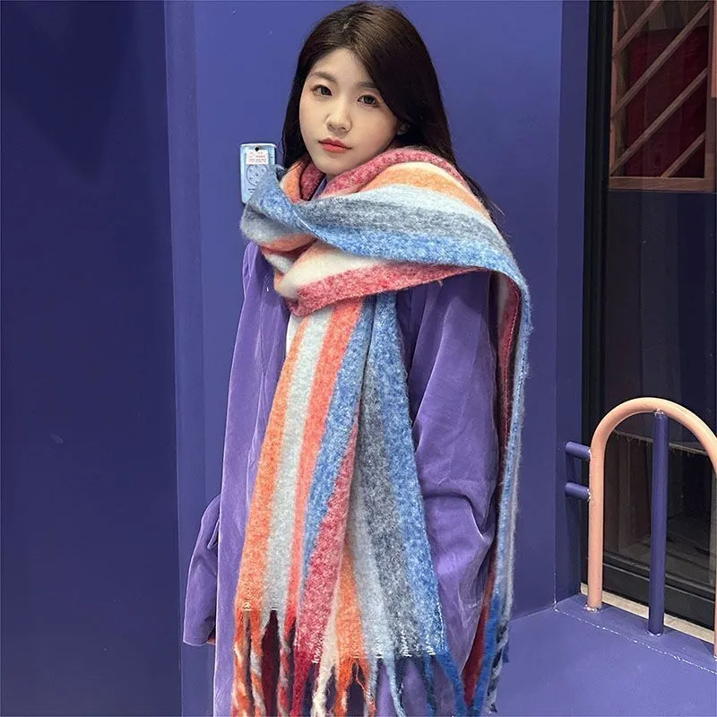Korean Style Mohair Colorful Vertical Striped Scarf for Women, Solid ...