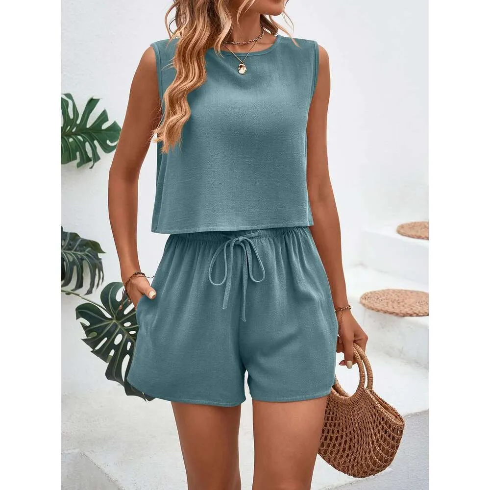 Fashion Sportswear Set For Women, Casual Loose Fit, Sleeveless Top And Shorts Two-Piece Set, Trendy_desvips.com