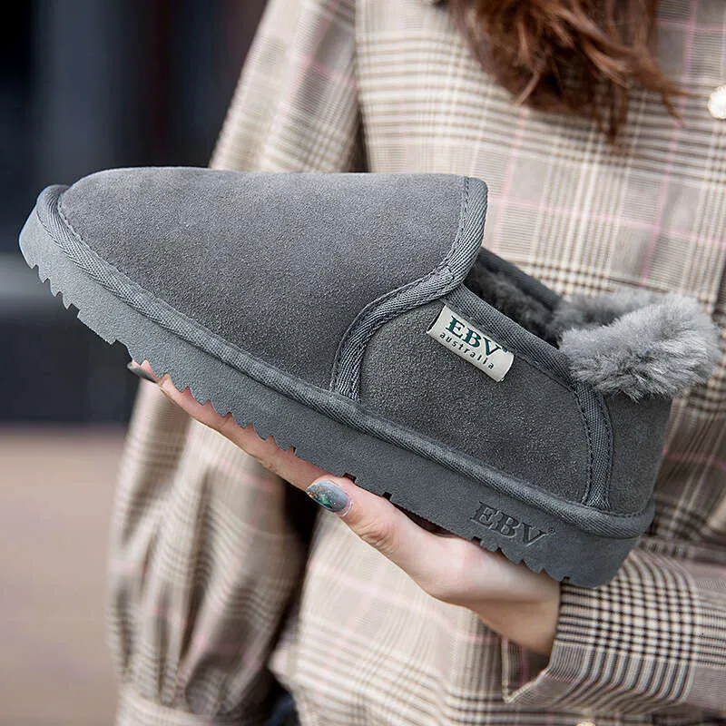 Genuine Leather For Women Short Boots Loafers Snow Cotton Shoes 2024 New Slip-On Thick Sole_voghion.com