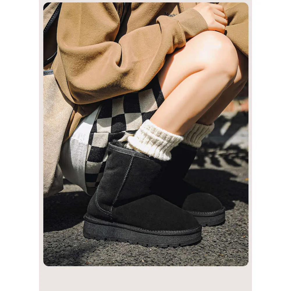 Sheepskin Thick-Soled Snow Boots For Women, Mid-Calf, Warm Fleece-Lined 2024 Winter New Cotton Shoes_voghion.com