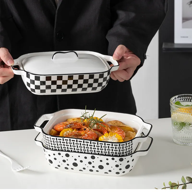 Black White Polka Dot Rectangular Ceramic Baker Dish Baking Pan