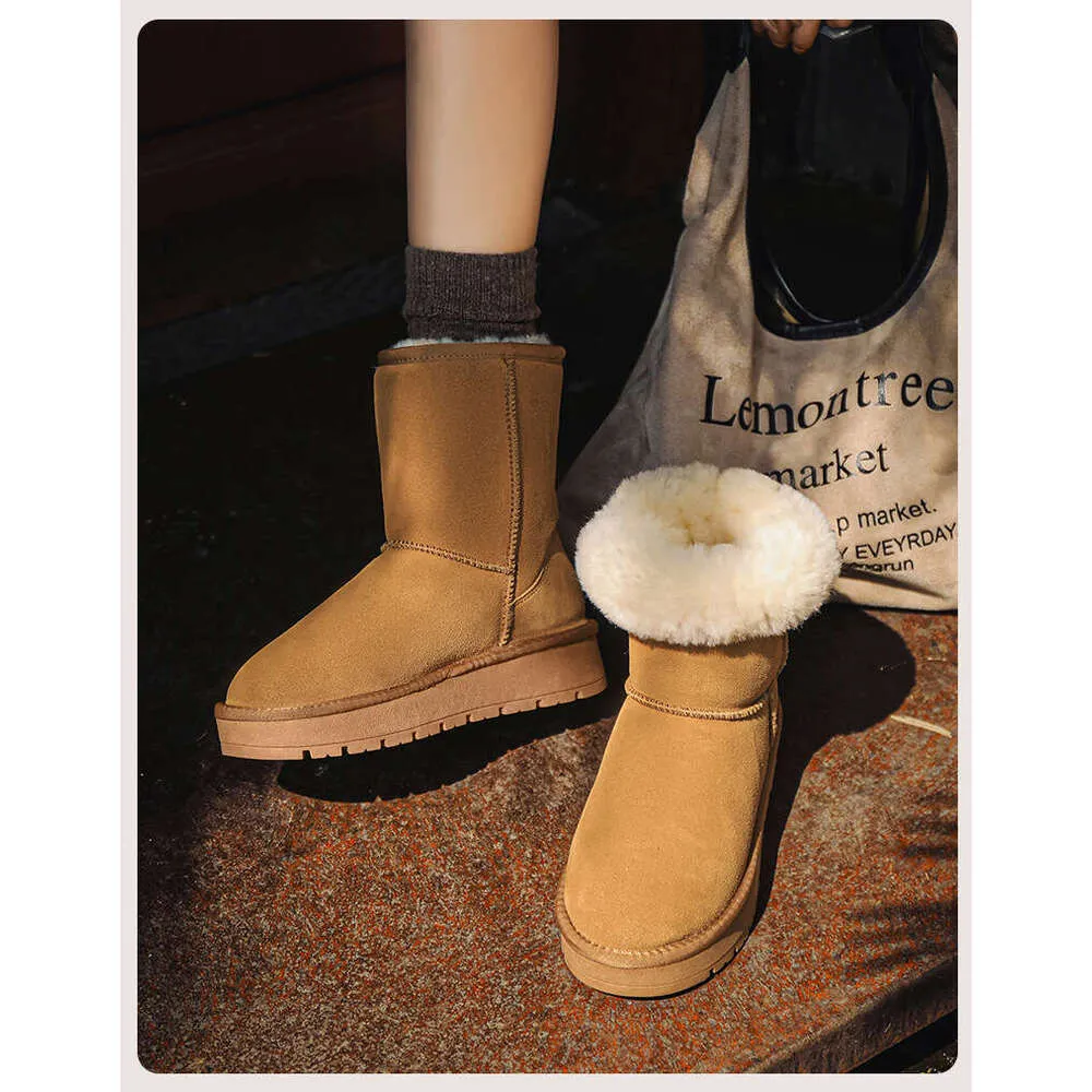 Sheepskin Thick-Soled Snow Boots For Women, Mid-Calf, Warm Fleece-Lined 2024 Winter New Cotton Shoes_voghion.com