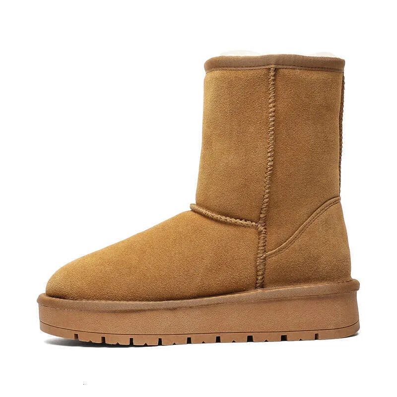 Sheepskin Thick-Soled Snow Boots For Women, Mid-Calf, Warm Fleece-Lined 2024 Winter New Cotton Shoes_voghion.com