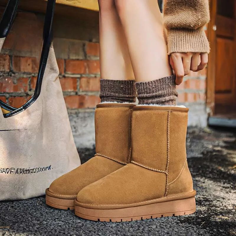 Sheepskin Thick-Soled Snow Boots For Women, Mid-Calf, Warm Fleece-Lined 2024 Winter New Cotton Shoes_voghion.com